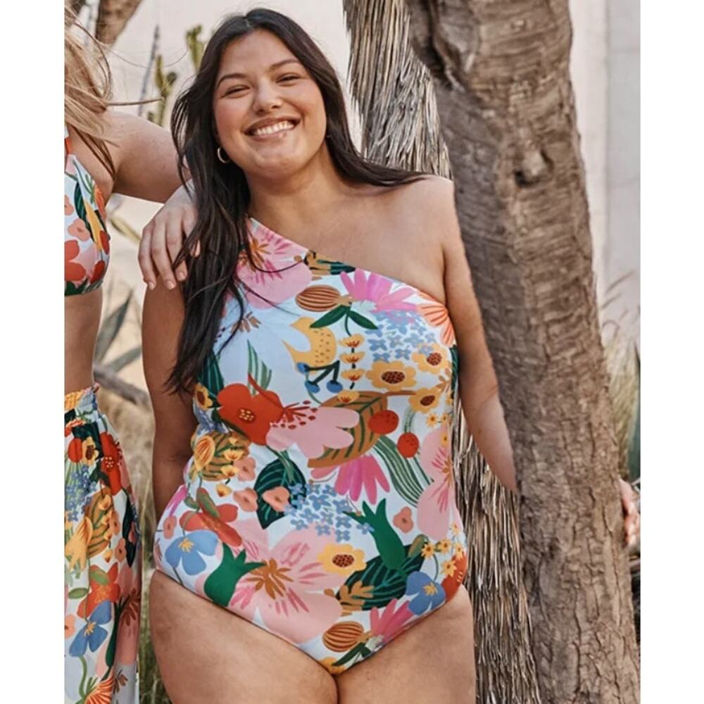 summersalt One-Shoulder Floral One-Piece in Pink, Green, Blue, Orange
